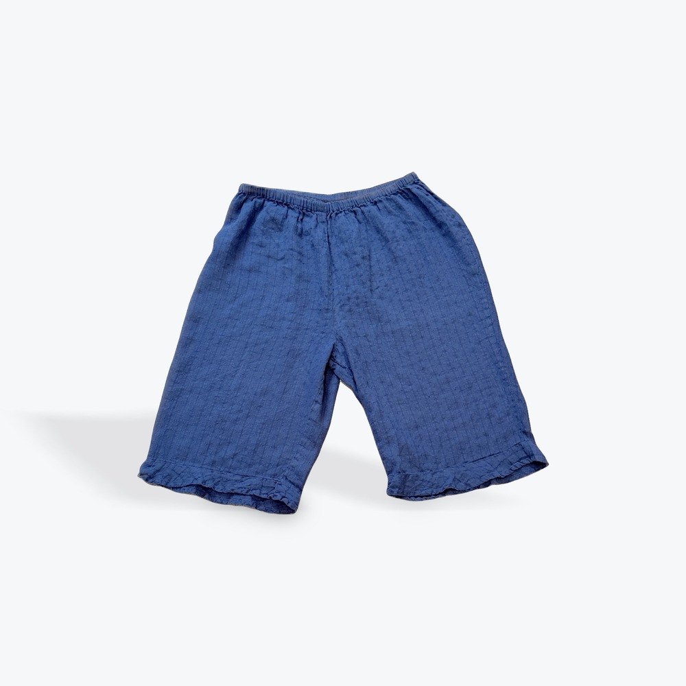 FLAX Blue 100% Linen Ruffle Hem Shorts Elastic Waist Textured Dobby Large